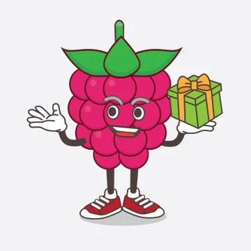 Raspberry Fruit cartoon mascot character with a box of gift Stock Illustration