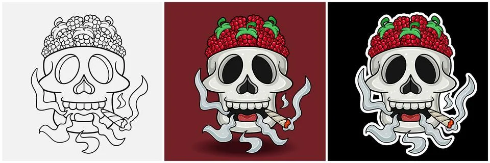 Raspberry Fruit Inside Skull Head With Smoking Character Cartoon. Black Whi.. Stock Illustration