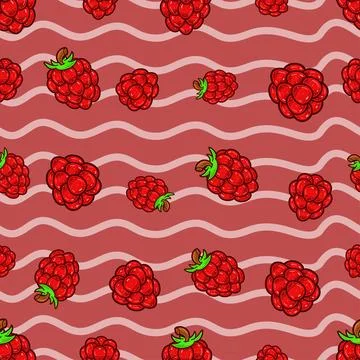 Raspberry Fruit Seamless Pattern in Cartoon Style. Perfect For Background, .. Stock Illustration
