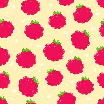 Raspberry fruit seamless pattern on yellow background Stock Illustration