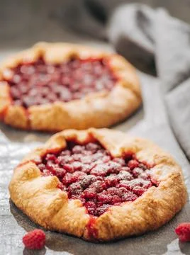 Raspberry galette or raspberries rustic tart 스톡 사진