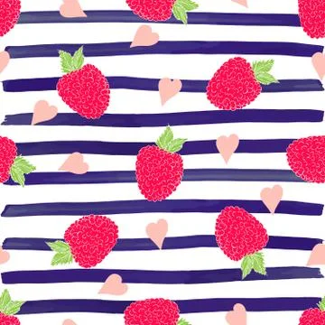 Raspberry hand drawn sketch striped Seamless Pattern. Vector Illustration Stock Illustration