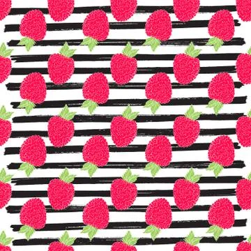 Raspberry hand drawn sketch striped Seamless Pattern. Vector Illustration Illustrazione stock