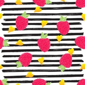 Raspberry hand drawn sketch striped Seamless Pattern. Vector Illustration Stock Illustration