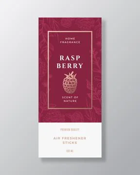Raspberry Home Fragrance Abstract Vector Label Template. Hand Drawn Sketch Stock Illustration