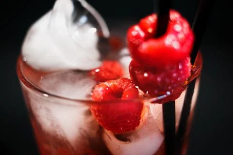 Raspberry ice cold refreshing cocktail with berries. Flat lay, Front view. Sm Stock Photos