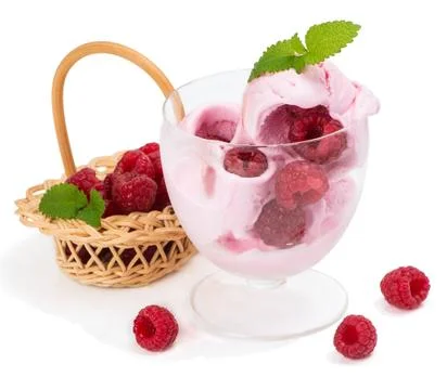 Raspberry ice cream in cup and basket with berries isolated on white backgr.. Stock Photos