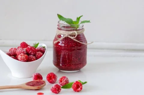 Raspberry jam and fresh raspberry Stock Photos