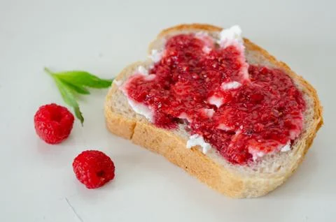Raspberry jam ,bread,fresh raspberry Stock Photos