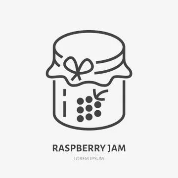 Raspberry jam flat line icon. Vector thin sign of glass jar with jelly logo Stock Illustration
