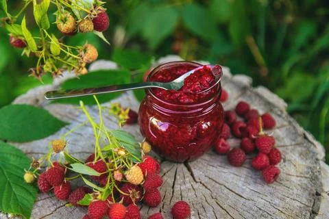 Raspberry jam in the garden. Selective focus. Stock Photos