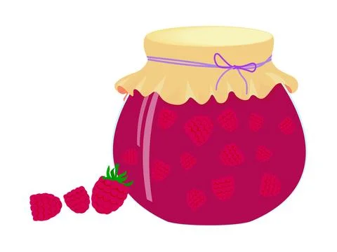 Raspberry jam in glass jar and fresh berry. Vector cartoon flat illustratio.. Stock Illustration