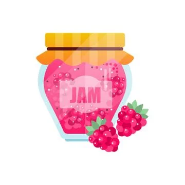 Raspberry jam, glass jar of berry confiture vector Illustration on a white Stockillustratie