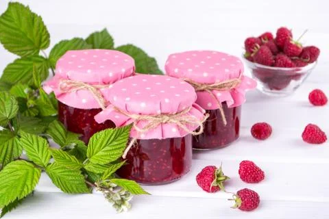 Raspberry jam in glass jar, fresh  ripe raspberry Stock Photos