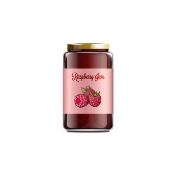 Raspberry jam glass jar labeled realistic vector template illustration isolated. Illustrazione stock