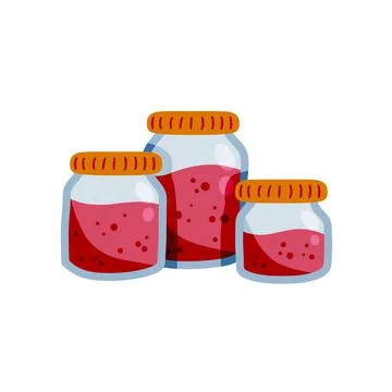 Raspberry jam. Jar of pink berries and fruit syrup. Glass kitchen utensils. Stock Illustration