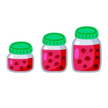 Raspberry jam. Jar of pink berries and fruit syrup. Glass kitchen utensils. Stock Illustration