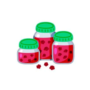 Raspberry jam. Jar of pink berries and fruit syrup. Glass kitchen utensils. Stock Illustration