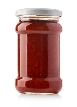 Raspberry jam in a jar on white background. F Stock Photos