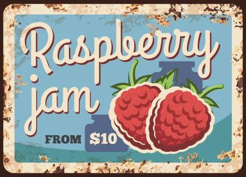 Raspberry jam rusty metal plate, vector tin sign イラスト素材