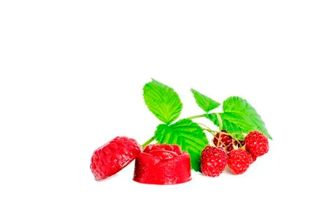 Raspberry jelly with raspberry berries on a sprig isolated on a white backgro Stock Photos