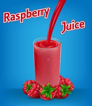 Raspberry juice ad, with splash isolated on blue background. glass container Illustrazione stock