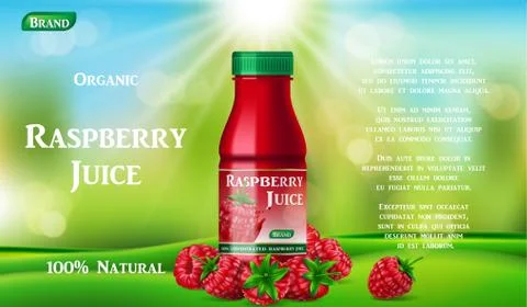 Raspberry juice bottle on green grass. fruit juice container package ad. 3d Stock Illustration