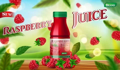 Raspberry juice bottle mock up with green background. fruit juice container Stock Illustration