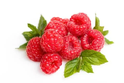 Raspberry with leaves isolated on white background 写真素材