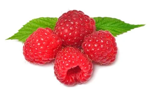 Raspberry with leaves isolated on white background Stock Photos
