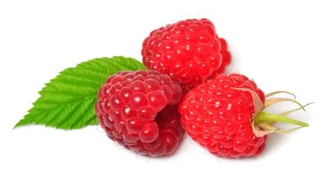 Raspberry with leaves isolated on white background Stock Photos