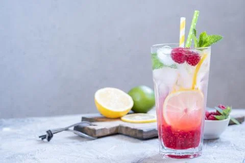 Raspberry lemonade. Iced summer drink. Stock Photos