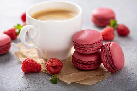 Raspberry macarons with fresh berries Stock Photos