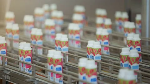 Raspberry Milk Bottles Moving On Conveyor belt. Plastic Packs.Yoghurt Production Stock Footage 154454591