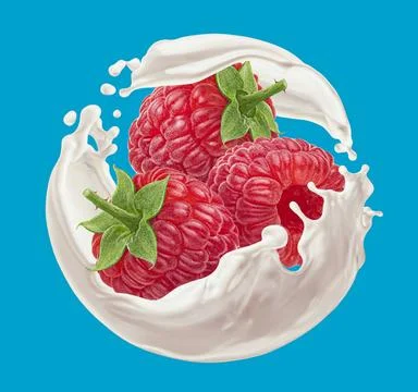 Raspberry with milk splash on blue white background Raspberry with round m... Stock Photos