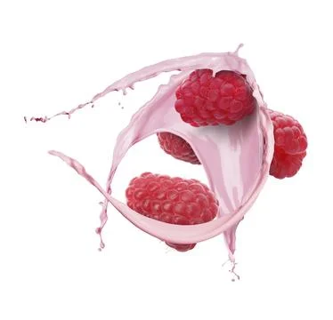 Raspberry milkshake splash with berries in air on white background Stock Photos