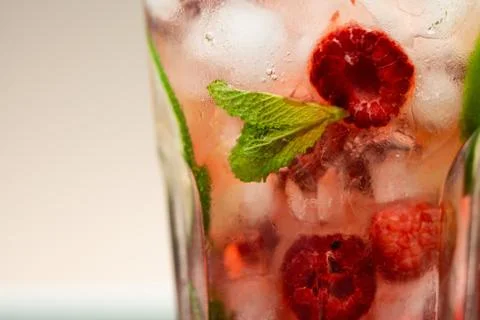 Raspberry mojito cocktail. Close up, copy space. Stock Photos