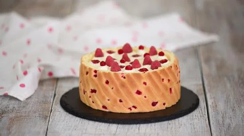 Raspberry Mousse Cake Decorated with Fresh Berries. Stock Photos