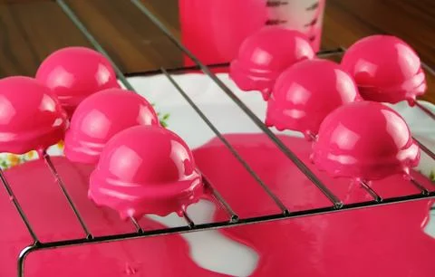 Raspberry mousse dessert covered mirror glaze Stock Photos