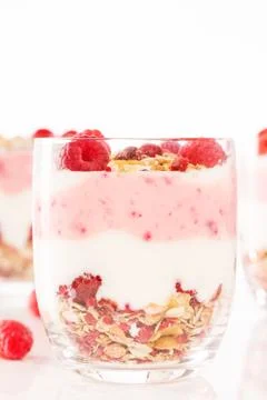 Raspberry muesli dessert Stock Photos