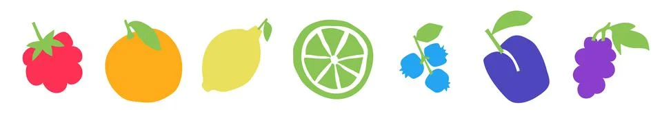 Raspberry, orange, lemon, lime slice, blueberry, plum and grape. Colorful cut Stock Illustration