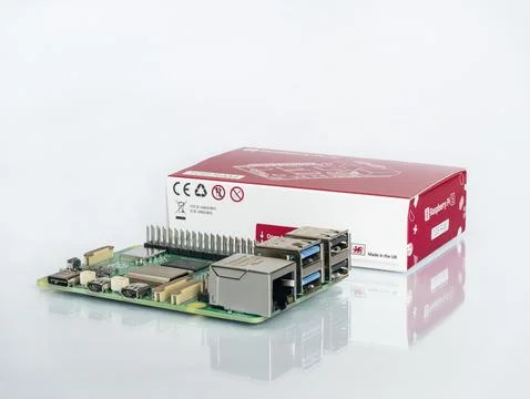 Raspberry Pi 5 single board computer with original retail box Stock Photos