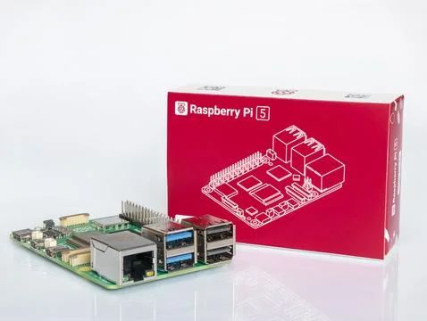 Raspberry Pi 5 single board computer with original retail box Stock Photos
