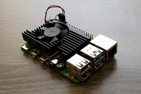 Raspberry Pi Micro Computer with Black Heatsink for Electrical Engineering Stock Photos