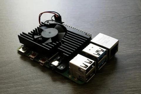 Raspberry Pi Microcomputer with Black Heatsink for Electrical Engineering Stock Photos