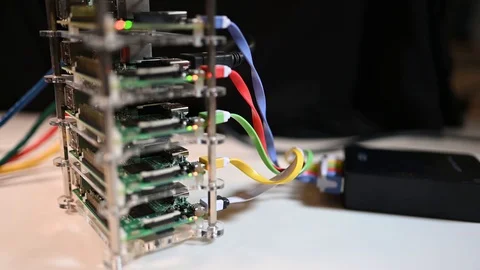 Raspberry PI supercomputing cluster. Power source pan to cluster.  Bitcoin Stock Footage 108887479