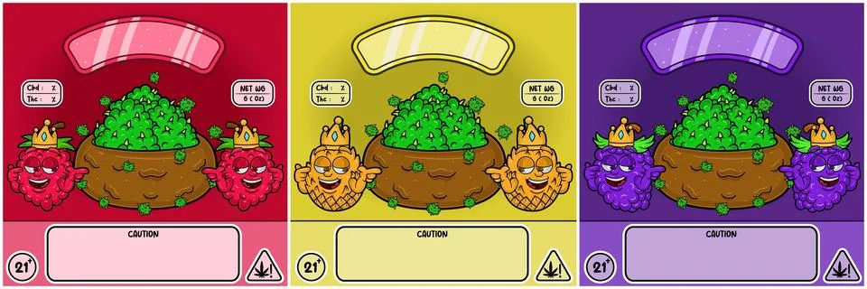 Raspberry, Pineapple and Grape Fruit Strain. Weedbud in cartoon style with .. Stock Illustration