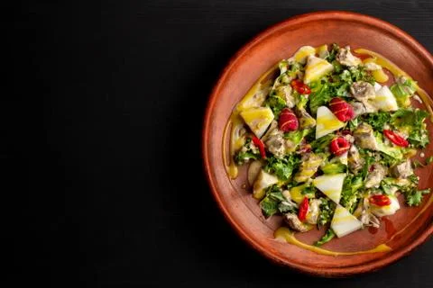 Raspberry, pineapple, lettuce and champignon salad with sauce-2. Stock Photos