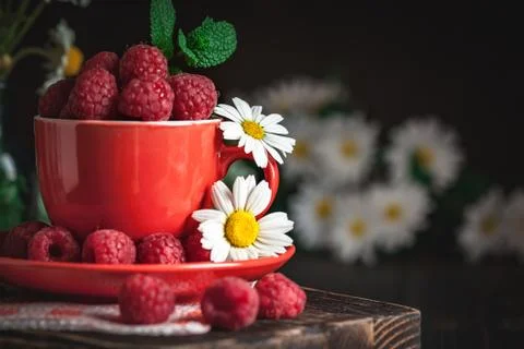 Raspberry. Raspberries in a Cup on a dark background. Summer and healthy food Stock Photos