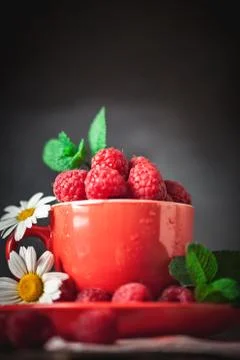 Raspberry. Raspberries in a Cup on a dark background. Summer and healthy food Foto stock